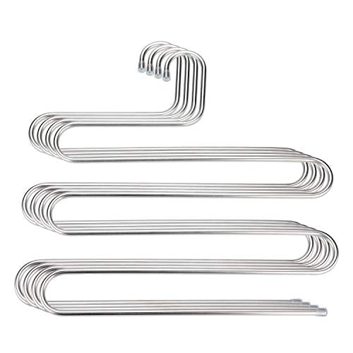 TRUSBER Stainless Steel Pants Hangers, S-shape Metal Clothes Racks with 5 Layers for Closet Organization, Space Saving for Pants Jeans Trousers Scarfs, Durable and No Distortion, Silver (Pack of 4)