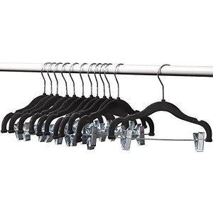 A1-hangers 12 PACK Kids hangers with clips BLACK (13" length) baby Clothes Hangers Velvet Hangers use for skirt hangers Clothes Hanger pants hangers Ultra Thin No Slip kids hangers