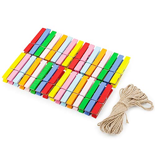 Ninth Five Wooden Clips, 2.9 Inch Large Size Natural Wood Clothespins, Bright Colored Pegs Pins Clips for Photo Paper Craft with Jute Twine, Pack of 32