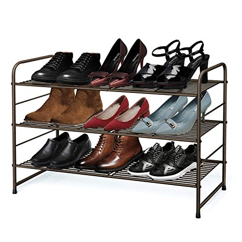 Simple Trending 3-Tier Stackable Shoe Rack, Expandable & Adjustable Shoe Shelf Storage Organizer, Wire Grid, Bronze