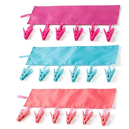 ICYANG 3Pcs Portable Travel Laundry Drying Rack Clothes Hanger Folding Bathroom Clothespin with 6 Clips for Swimwear Drying Socks, Baby Clothes, Towel, Underwear, Hat, Scarf, Gloves