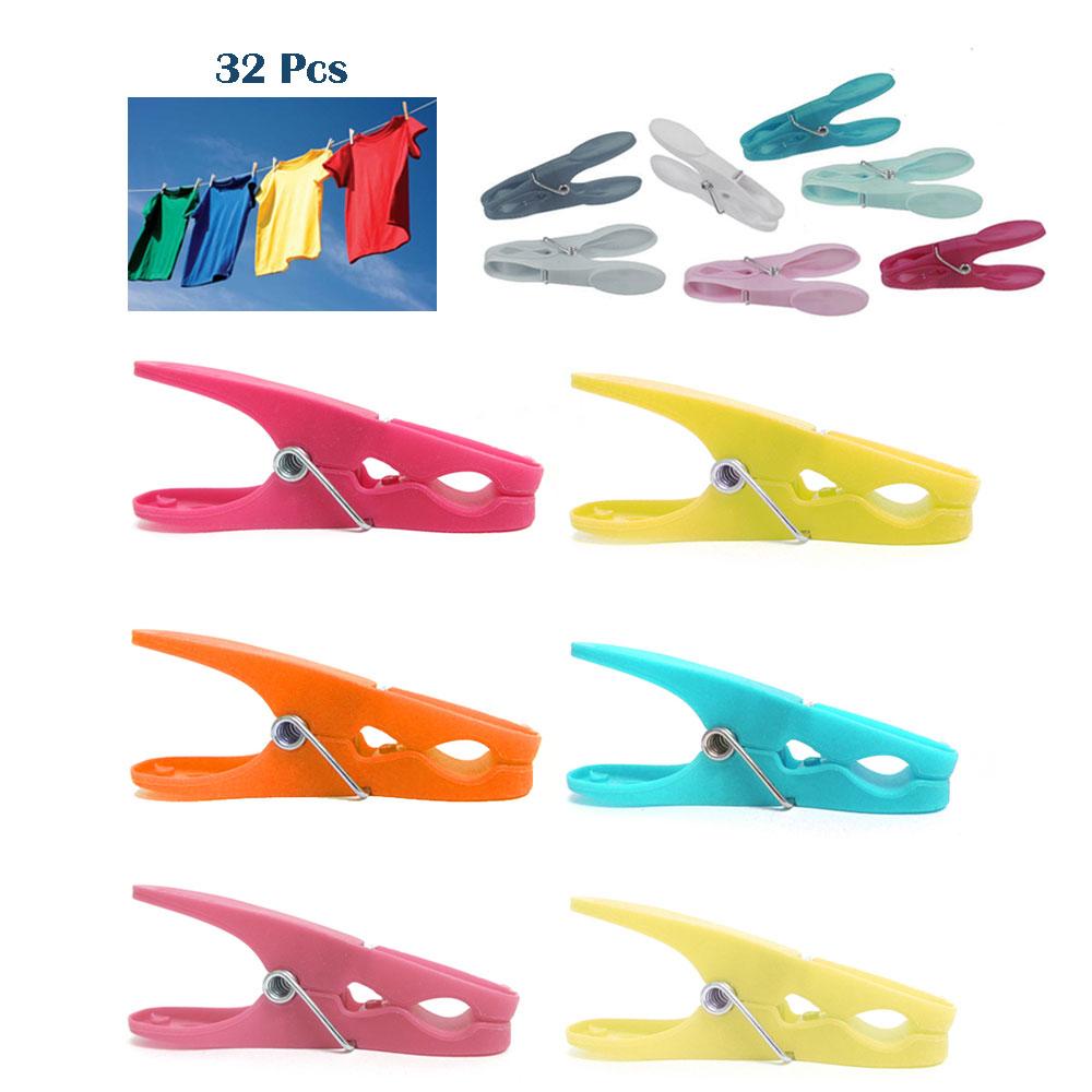 32 Plastic Clothes Pins Clothespins Laundry Clips Bag Hangs Clothing Spring Pegs