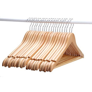 Wood Hangers , Multifunctional High-grade Solid Wood Suit Hangers, Natural Finished Coat Hanger with Round Bar ,20-pack