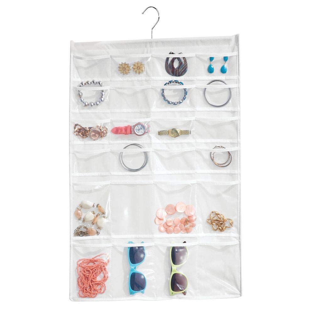 mDesign 48 Pocket Hanging Jewelry Organizer Storage Bag with Over Closet Rod Hanging Hook - Easy-View Clear Pockets with Fabric Backing and Trim, Reinforced Top, Double Sided - White/Clear