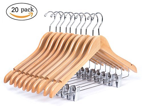 windaze Wooden Hangers 20-Pack Wood Durable Hangers for Suits Coat Clothes with Anti-rust Clips for Pants