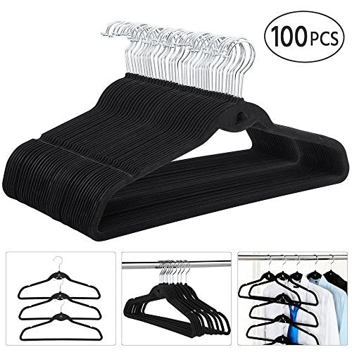go2buy 100 Pack Non Slip Velvet Hangers Clothes Hangers with Cascading Hook Black