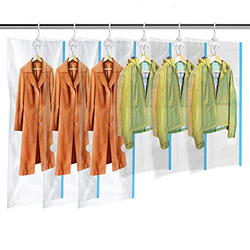 MRS BAG Hanging Vacuum Storage Bags 6 Pack (3Jumbo(57x27.6'') + 3Short(41.3x27.6'')) Space Saver Bag Dress Cover with Hook for Coats, Jackets, Clothes & Closet Storage - Hand Pump Included