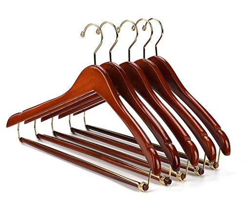 Nature Smile Contoured Wooden Hangers Sturdy Wood Suit Coat Hangers with Locking Bar Chrome Hook Pack of 5 (Cherry)