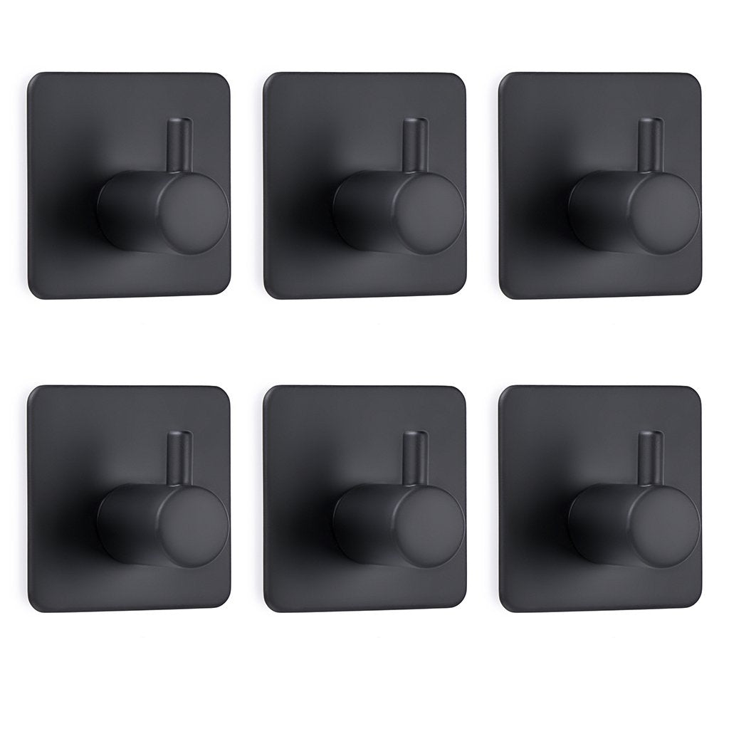 Sumnacon Stainless Steel Coat Towel Hooks, 3M Self Adhesive Closets Clothes Key Rack, 6 Pack Heavy Duty Contemporary Utility Hook for Bathroom Kitchen Bedroom Office, Matte Black Finish