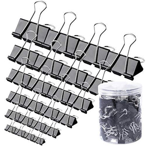 120Pcs Binder Clips - Paper Clamps Assorted 6 Sizes, Paper Binder Clips, Metal Fold Back Clips with Box for Office, School and Home Supplies, Black Plus 75Pcs Paper Clips and 25Pcs Rubber Bands