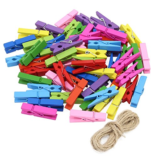 AIKE Mini Nature Wooden Photo Clips Clothespins Photo Paper Peg Red Heart DIY Craft Clips with 10m Jute Twine (Colorful Pegs-100Pack)