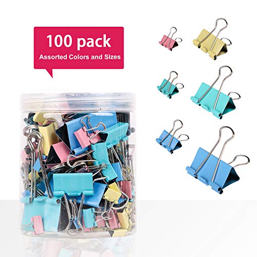 AshopZ 100 Piece Multi-Colored Assorted Metal Binder Clips for Document Organization