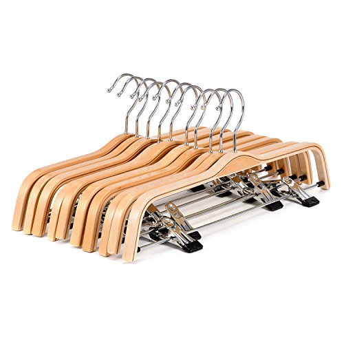 Wood Hangers 10-Pack, Royalhanger Pants Hangers Skirt Hangers Wooden Hangers with 2 Adjustable Clips, Natural Finish