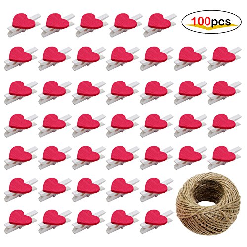 AIKE Mini Nature Wooden Photo Clips Clothespins Photo Paper Peg Red Heart DIY Craft Clips with 30m Jute Twine (Rose Heart-100Pack)