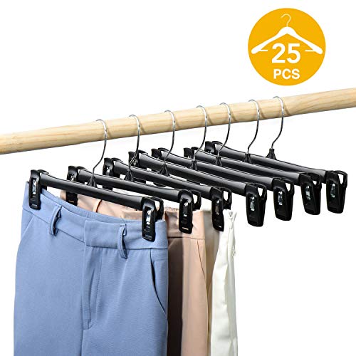 HOUSE DAY Pants Hangers 25 Pcs 12inch Black Plastic Skirt Hangers with Non-Slip Big Clips and 360 Swivel Hook, Durable Sturdy Plastic, Space-Saving Shape, Elegant for Closet Organizing