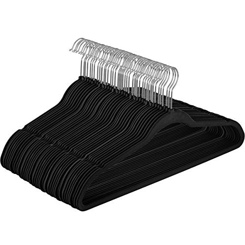 Melvado Non-Slip Velvet Flat Hangers | 50-Pack |Closet Space Savers |Suitable for Suits, Dresses, Pants, Jackets, Tops | Deep Notches for Straps | Teen and Adult Shirt Hangers |Black