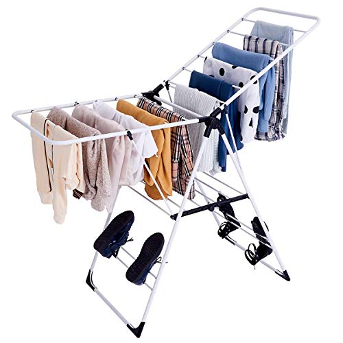 Tangkula Clothes Drying Rack, Collapsible Laundry for Sweaters Socks Underwear with Shoe Holder & 2 Shelves, Study Steel Frame Space Saving Adjustable Hanging Foldable Drying Rack (White)