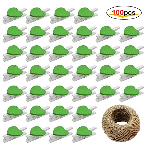 AIKE Mini Nature Wooden Photo Clips Clothespins Photo Paper Peg Red Heart DIY Craft Clips with 10m Jute Twine (Green Heart-100Pack)