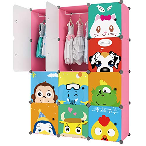 KOUSI Baby Clothes Rack Kid Wardrobe Closet (Pink, 8 Cubes 2 Hanging Sections)