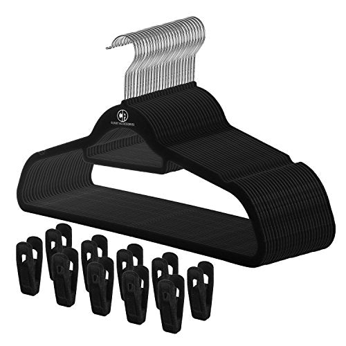 Closet Accessories, Black Velvet Hangers, Ultra Slim Space Saving, notches, tie bar, Swivel Hook, with Matching Velvet Finger Clips. (10 Pack Hangers)