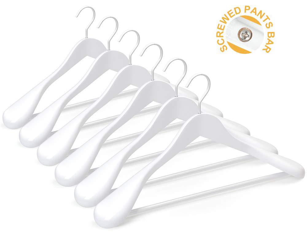 TOPIA HANGER Set of 6 White Luxury Wooden Coat Hangers, Wood Suit Hangers,Glossy Finish with Extra-Wide Shoulder, Thicker Chrome Hooks & Anti-Slip Bar CT02W