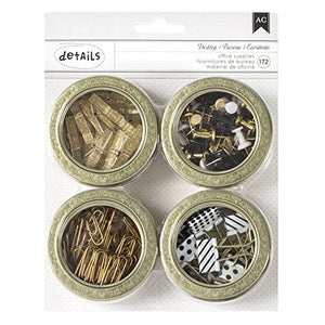 American Crafts Office Supplies Tin Set with Binder Clips/Clothespins/Paper Clips/Push Pins, Gold