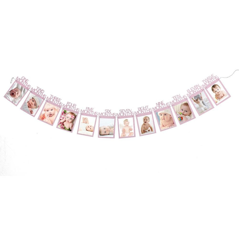 Cocal Kids Birthday Gift Decorations 1-12 Month Photo Banner Monthly Photo Wall (Pink)