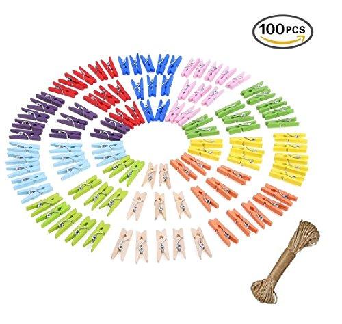 100 Pieces Mini Natural Wooden Colored Clothespins Photo Paper Peg Pin Craft Clips, With 16 Feet Jute Twine
