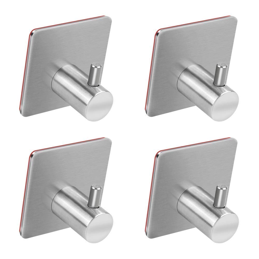 Adhesive Hooks, Trotinic Heavy Duty Wall Hooks Stainless Steel Strong Sticky wall Hanger for Hanging Keys, Robe, Coat, Towel, Bags, Hats, Bathroom Kitchen Organizer-4 Pack