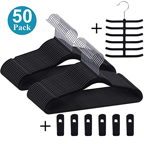 VECELO Premium Velvet Suit Hangers Heavy Duty (50 Pack) - Non Slip & Space-Saving Clothes Hangers with 6 Finger Clips and Tie Rack Excellent for Men and Women (Black)