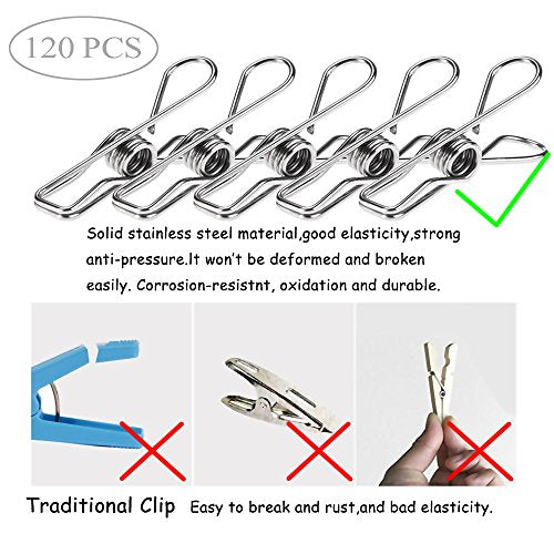 120 Pack Stainless Steel Cloth Pin, 2.2 Inch Clothesline Hook for Socks Towel Bag Scarfs Hang Drying Rack Tool, Laundry Kitchen Cord Wire Line Clothespins Pegs, File Paper Bookmark S Binder Metal Clip