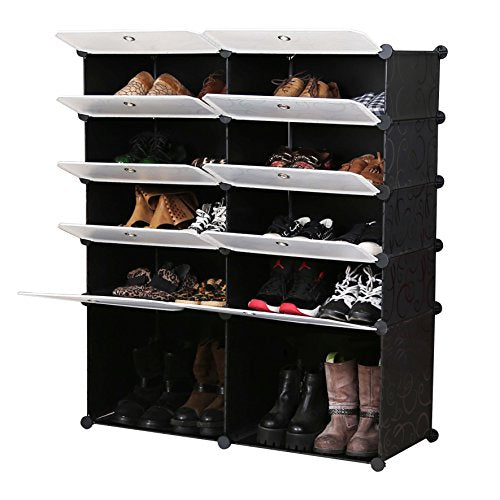 UNICOO - Multi Use DIY Plastic 10 Cube Shoe Rack,Organizer, Bookcase, Shoes Cabinet (2×5, Black with White Doors)