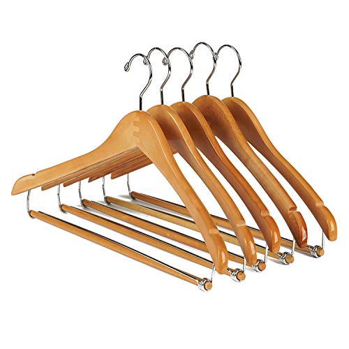 Nature Smile Contoured Wooden Hangers Sturdy Wood Suit Coat Hangers with Locking Bar Chrome Hook Pack of 5 (Natural)