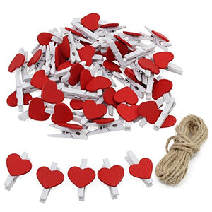 AIKE Mini Nature Wooden Photo Clips Clothespins Photo Paper Peg Red Heart DIY Craft Clips with 10m Jute Twine (Red Heart-50Pack)