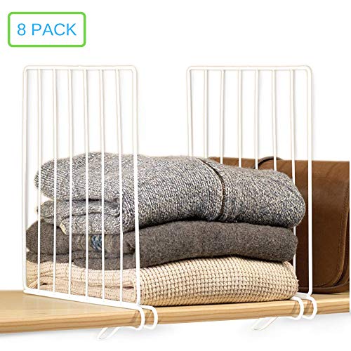 Xabitat Vertical Closet Wood Shelf Dividers 2.0 - New and Improved Clothing Organizer with Easy Clamping - Powder Coated Steel Wire Metal Wardrobe Separators - Set of 8 - White