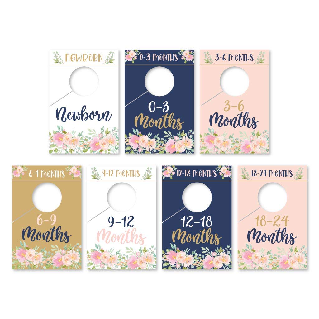 7 Navy Pink Gold Baby Nursery Closet Organizer Dividers For Girl Clothing, Floral Flower Age Size Hanger Organization For Kid Toddler Infant Newborn Clothes, Shower Registry Gift Supplies, 0-24 Months