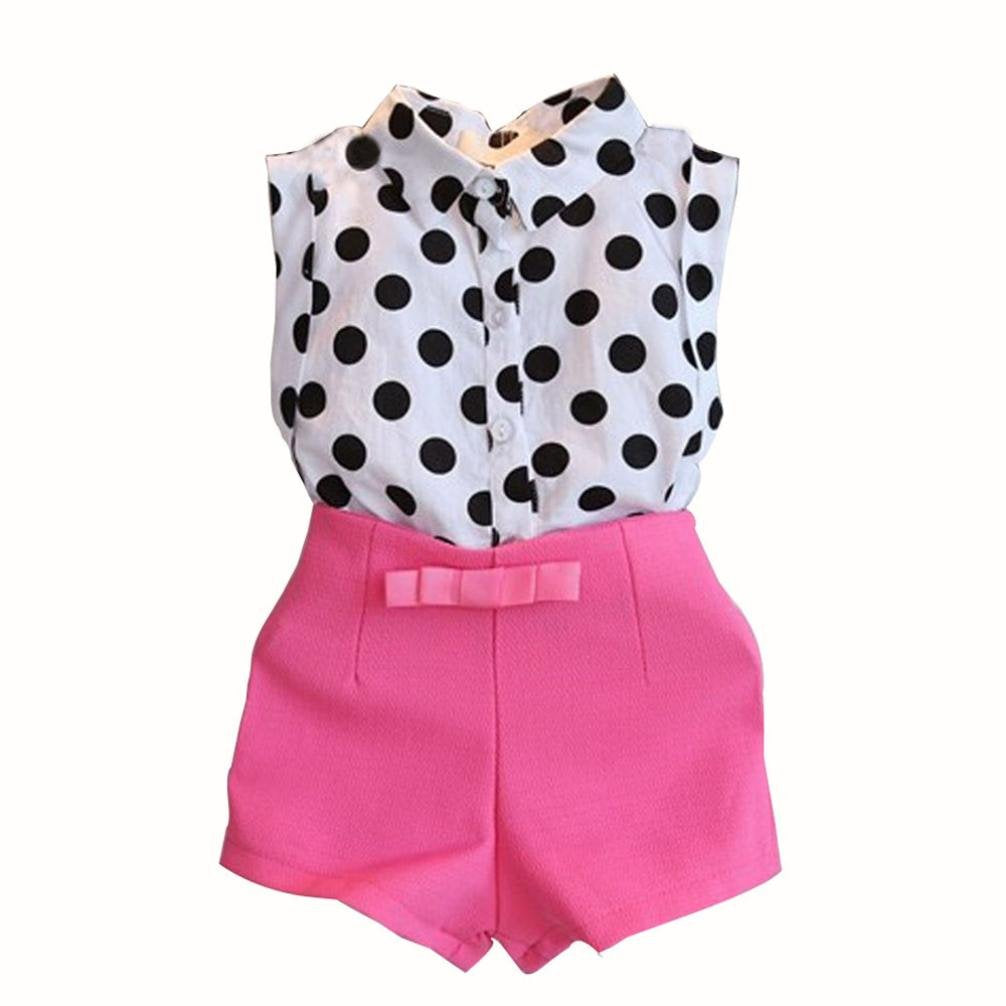 Lanpan Girl Child Kid Polka Dot T-shirt Tops + Pink Bowknot Pants Shorts 1Set (6-7Y, Hot Pink)