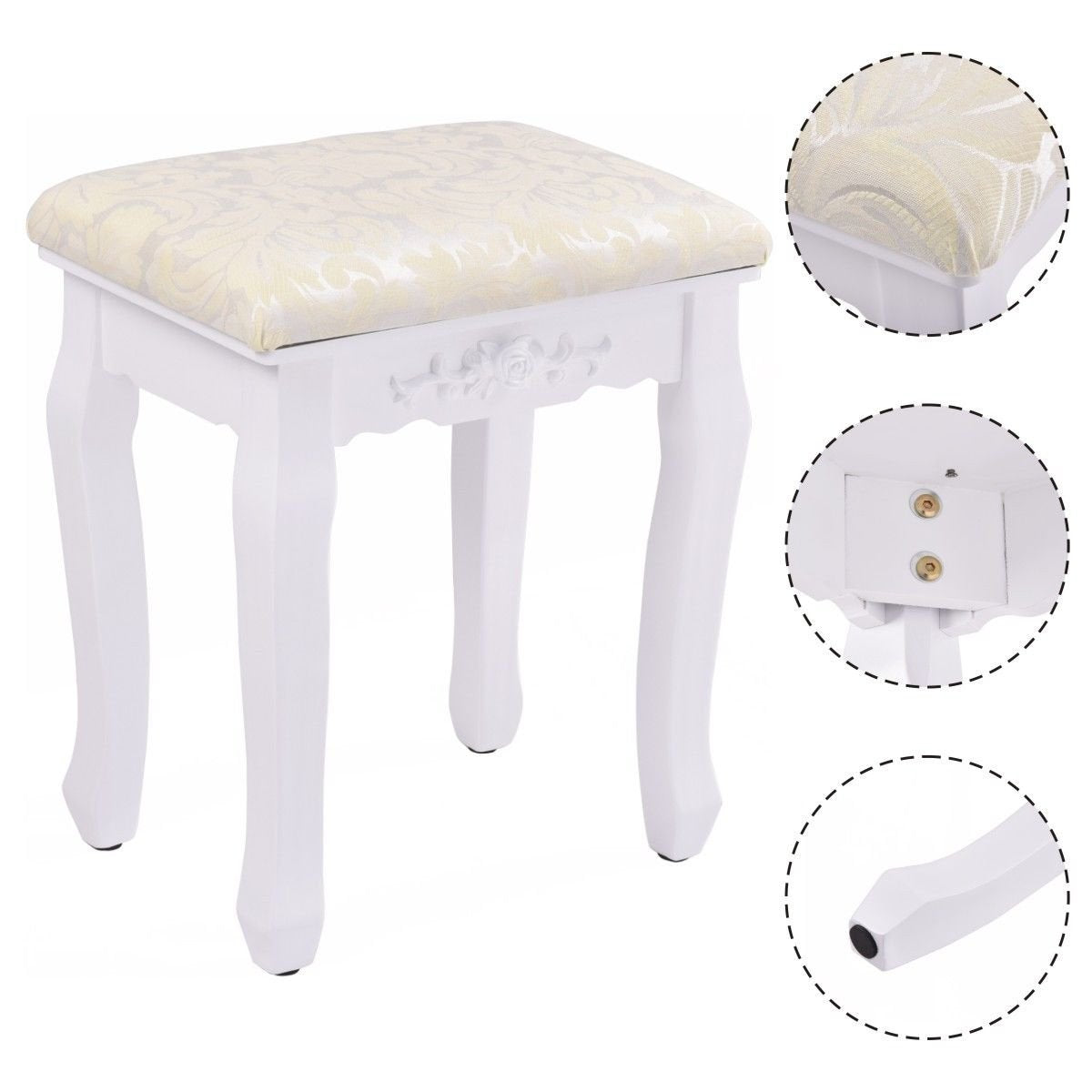 White Vanity Wave Design Makeup Dressing Stool Pad Cushioned Chair Piano Seat