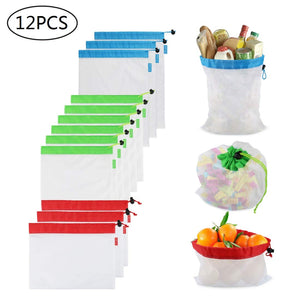 Idefair Reusable Mesh Produce Bags,12PCS Washable Mesh Bag Eco Friendly Toy Fruit Vegetable Produce Bags with Drawstrings for Home Shopping Grocery Storage - 3 Various Sizes 12x17In,12x14In,12x8In