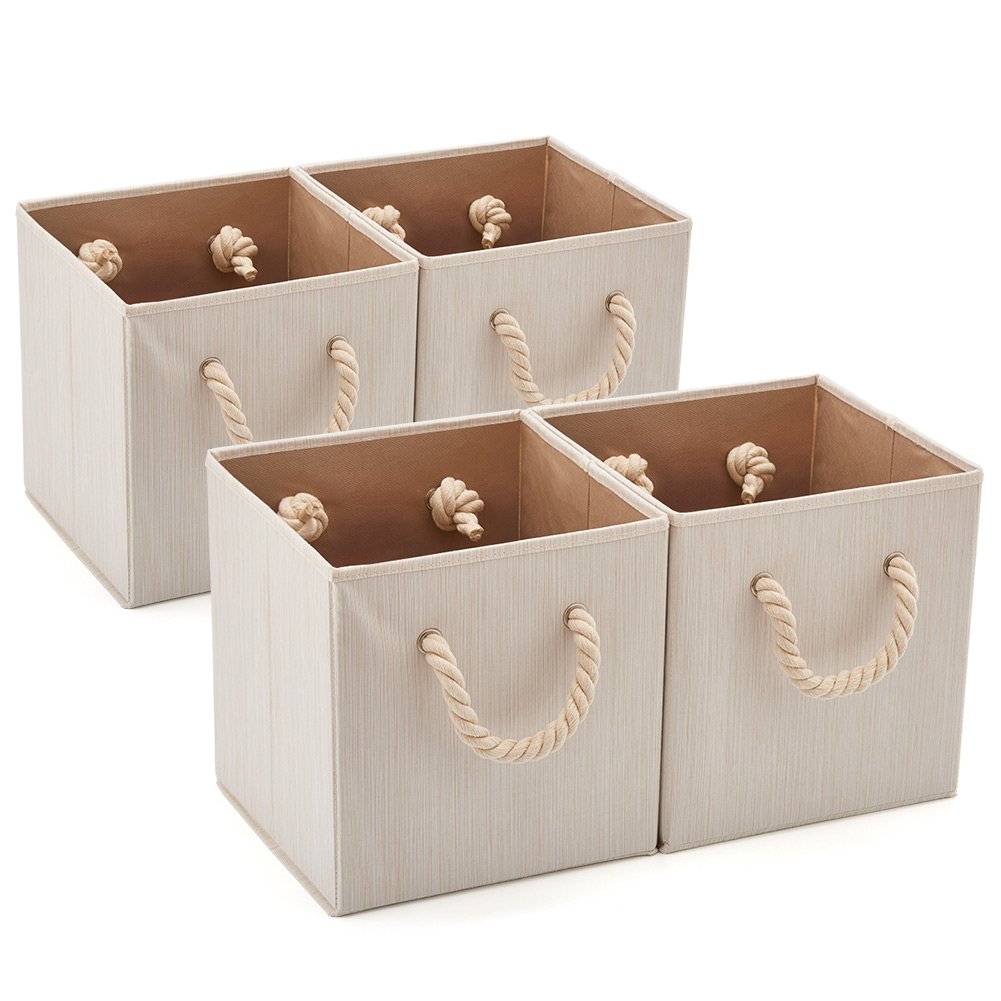 Set of 4 EZOWare Foldable Bamboo Fabric Storage Bins with Cotton Rope Handle, Collapsible Resistant Basket Box Organizer for Shelves, Closet, and More - (10.5 x 10.5 x11 inch) (Beige)