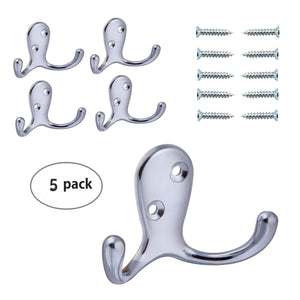 HoveBeaty Wall Hooks Double Prong Robe Hook Rustic Hooks Retro Clothes Hanger Coat Hanger Wall Mounted Hook with Screws 5 Pack (Silver)