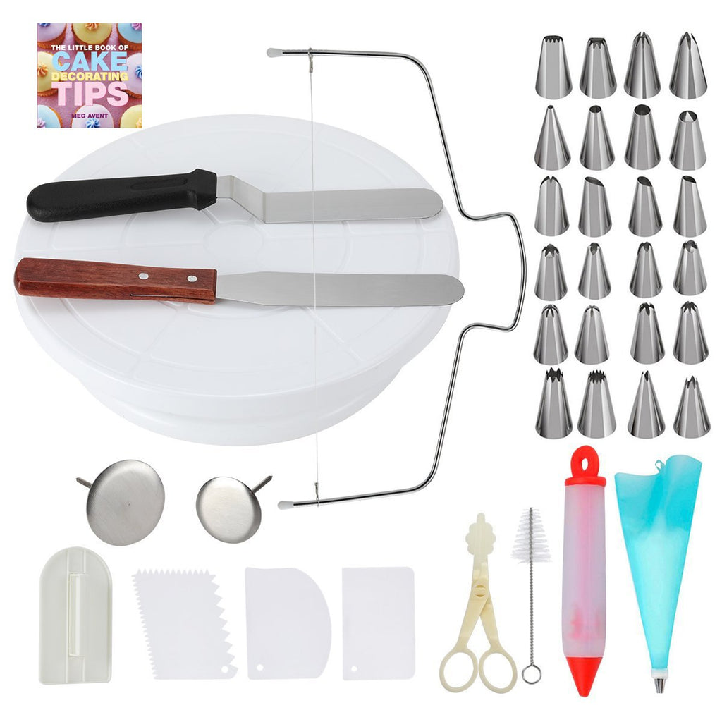 Cake Decorating Set with Decorating Tips Book. Includes Nonslide Turntable,24 nozzles,Cutter,Pastry Bag,2 Spatula,3 Scraper,Smoother, Cleaning Brush,Syringe,Flower Nail&Lifter