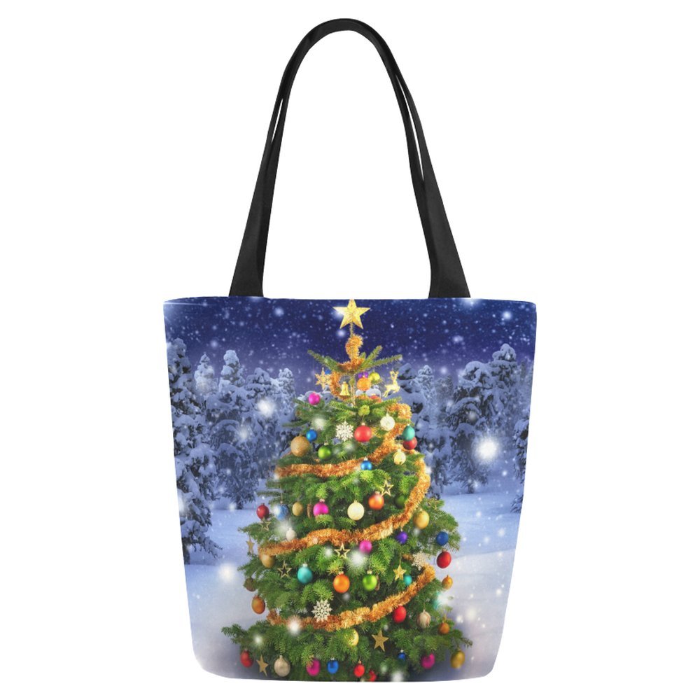 InterestPrint Magnificent Christmas Tree in a Snowy Night Canvas Tote Bag Handbag Shoulder Bag for Women Girls