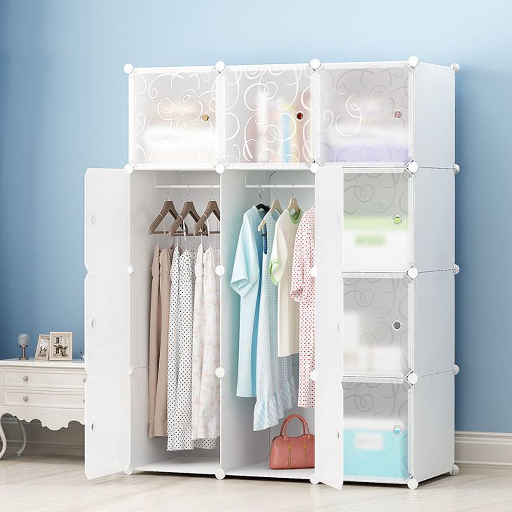 JOISCOPE DIY Portable Wardrobe Clothes Closet Modular Storage Organizer Space Saving Armoire Deeper Cube With Hanging Rod 12 cubes