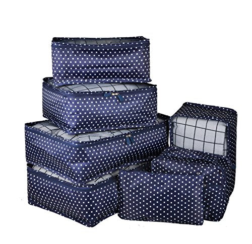 Vercord 7 Set Travel Packing Organizers Cubes Mesh Luggage Cloth Bag Cubes with Bra Underwear Cube and Shoe Pouch, Dark Blue Dots