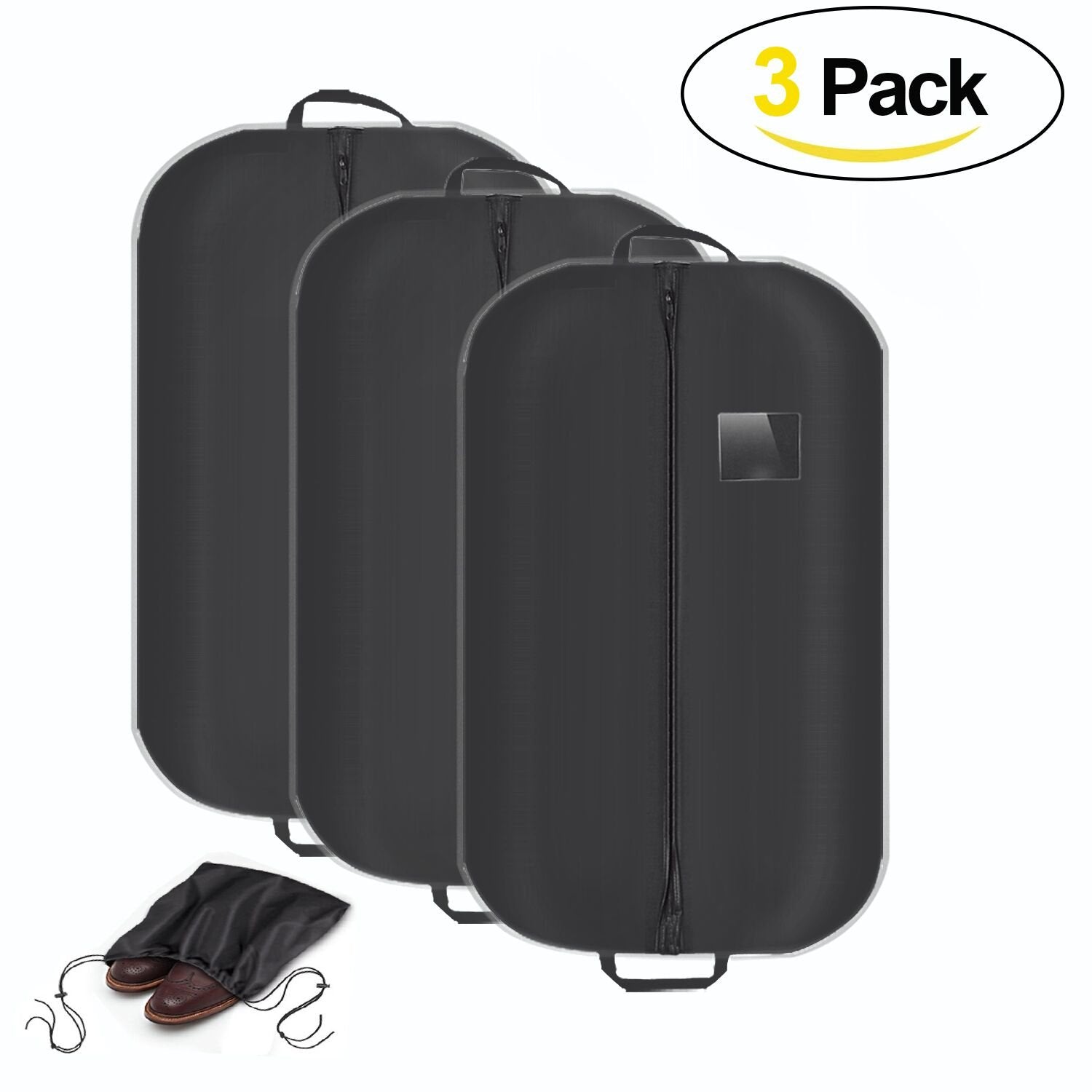 Suit Cover for closet Garment with Zip,Shoulder Bag Folding Zipped Black Suit Bags with Clear Window and 2 Handles for Storage or Travel,Pack of 3 …