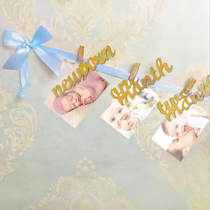 Newborn to 12 Months Photo Banner, Baby Growth Record Garland, Great for First Birthday Party Decoration (Blue and Gold)