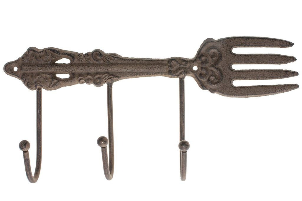 Cast Iron Wall Hanger For Kitchen | Vintage Fork With 3 Hooks | Decorative Cast Iron Kitchen Storage Towel Rack | 11.2 x 4.9"- With Screws And Anchors By Comfify -CA-1504-17-BR