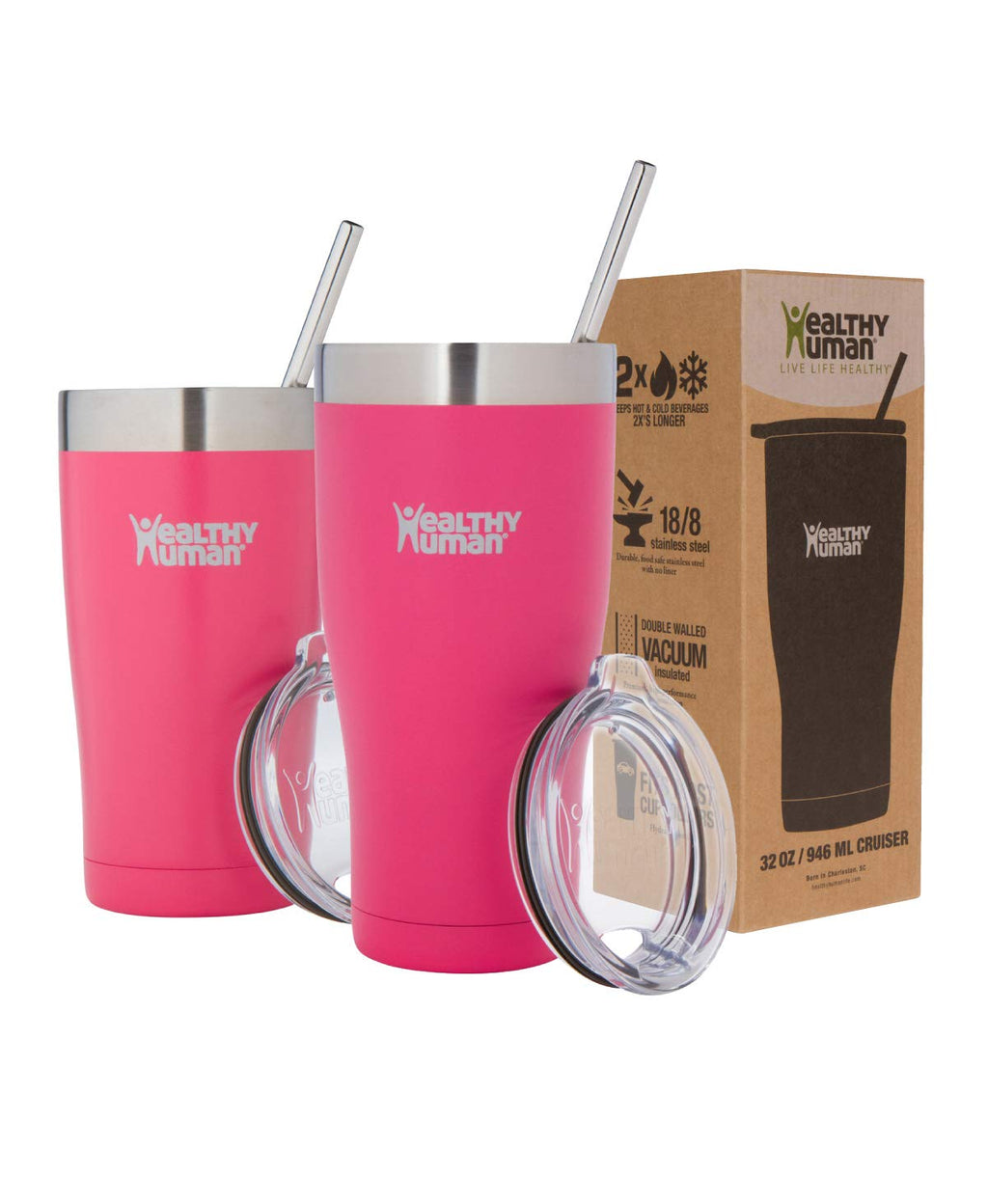 Healthy Human Insulated Stainless Steel Tumbler Cruisers - Travel Cup with Lid & Straw - Vacuum Double Walled Thermos - Idea for Coffee, Tea & Water 20 oz. Hawaiian Pink