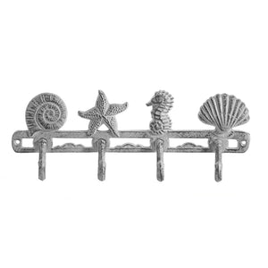 Vintage Seashell Coat Hook Hanger by Comfify | Rustic Cast Iron Wall Hanger w/ 4 Decorative Hooks | Includes Screws and Anchors | in Antique White | (Seashell Wall Hanger CA-1507-03)